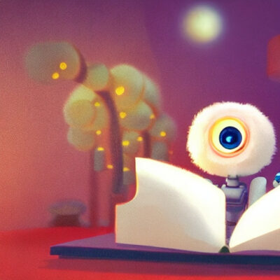 AI generated art from Deep AI, showing weird fluffy electronic eye and book